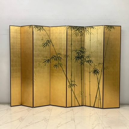 Gold bamboo folding screen room divider with six-panel oriental botanical art