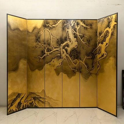 Gold ancient pine folding screen room divider with six-panel oriental landscape design