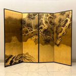 Gold pine and mist folding screen room divider with four-panel Asian landscape art