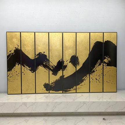 Gold ink mountain wall art screen with eight-panel Asian landscape design