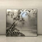 Silver pine wall art screen with three-panel oriental ink landscape design
