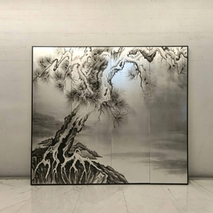 Silver pine wall art screen with three-panel oriental ink landscape design