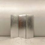 Silver bamboo folding screen room divider with three-panel Asian art design