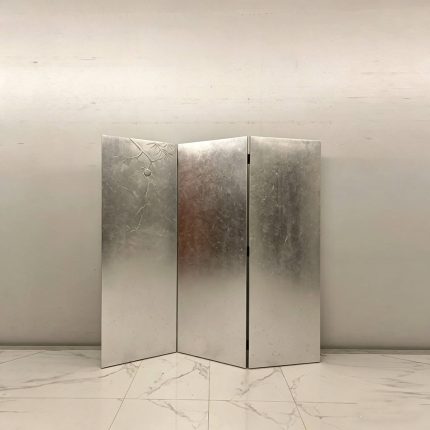 Silver bamboo folding screen room divider with three-panel Asian art design
