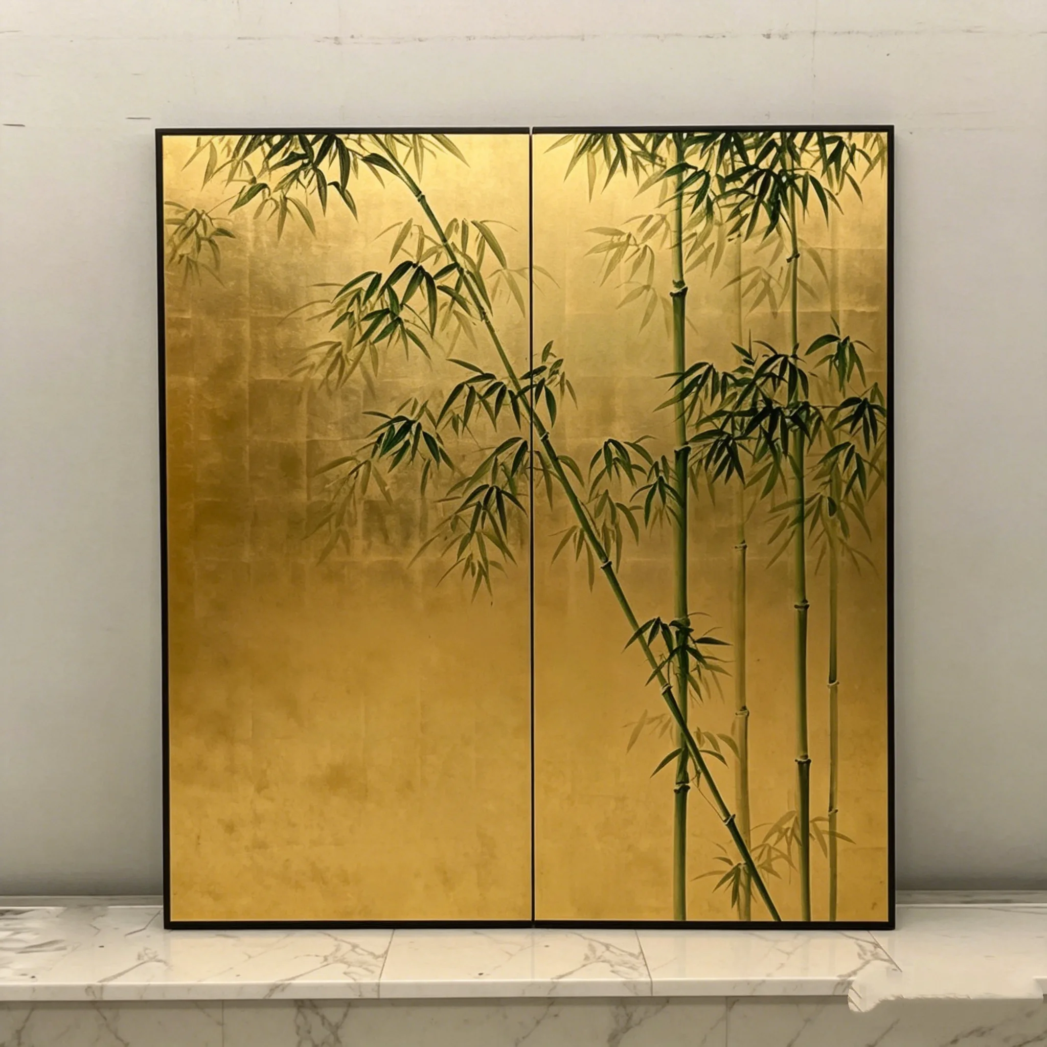 屏风1_1图及英文标题描述 (1) Gold bamboo decorative screen room divider with oriental botanical design