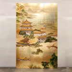 Gold fairyland folding screen room divider with oriental cloud palace art