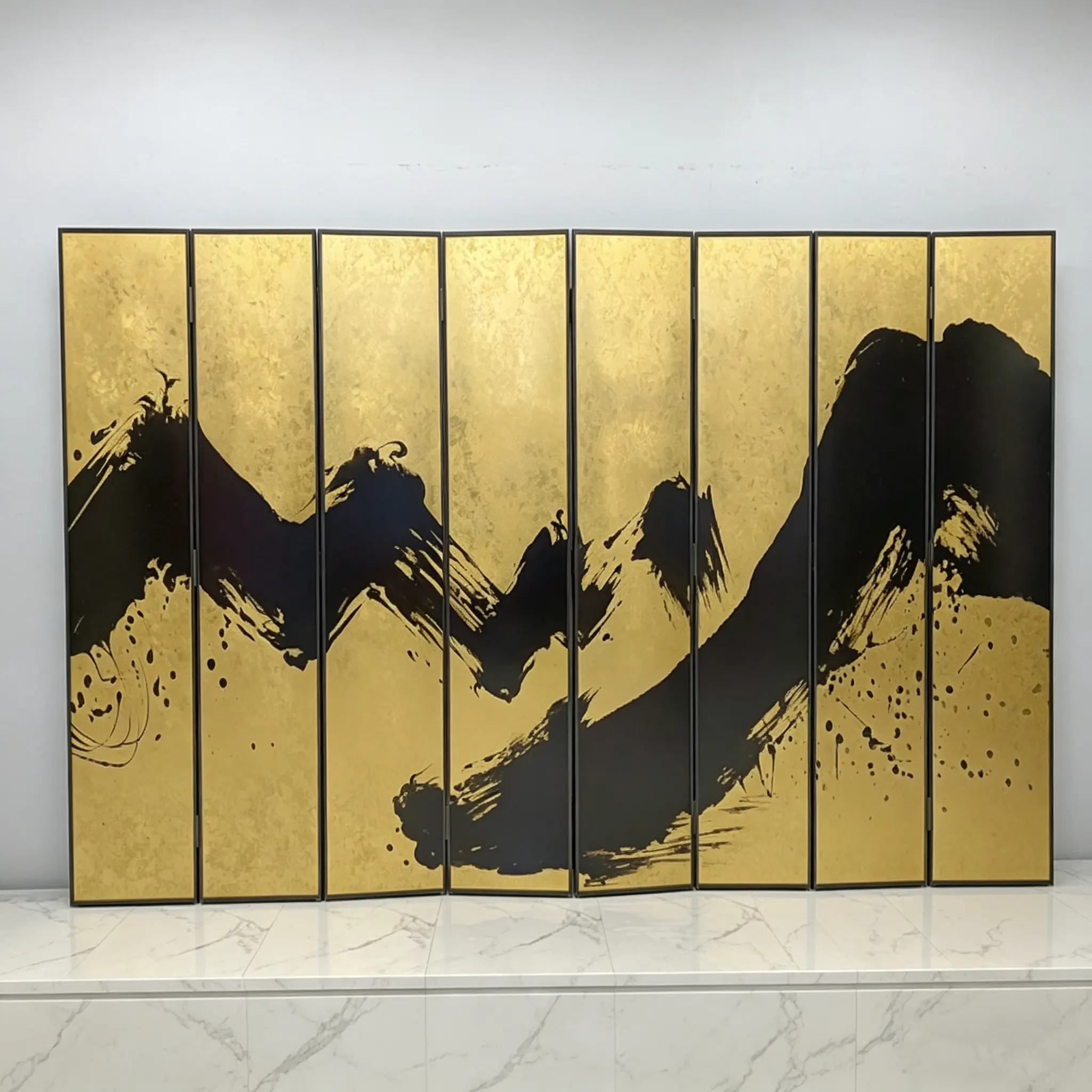 屏风1_1图及英文标题描述 (3) Gold ink abstract decorative screen with oriental brush art room decor