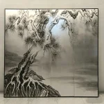 Misty pine decorative screen with oriental ink wash landscape wall art