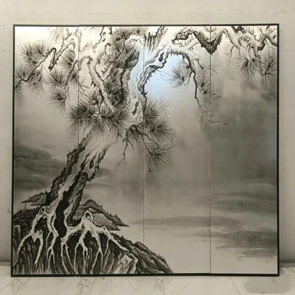 Misty pine decorative screen with oriental ink wash landscape wall art